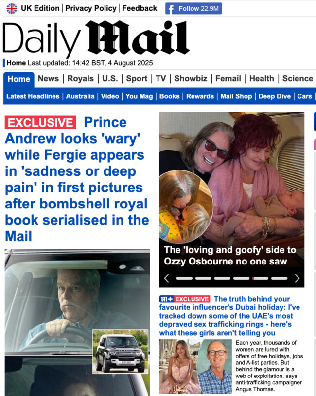 Front page of the Daily Mail 4 August 2025 - Human Trafficking in the UAE